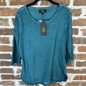 Lucky &‎ Blessed Sweatshirt Women Size S Cut Up Back Half Sleeve Teal Blue NWT